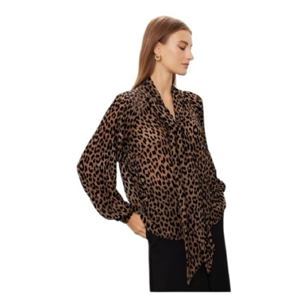 Kate Spade Leopard Blouse Tie Neck Long Sleeve Button Front Silk Blend Large - Picture 3 of 10